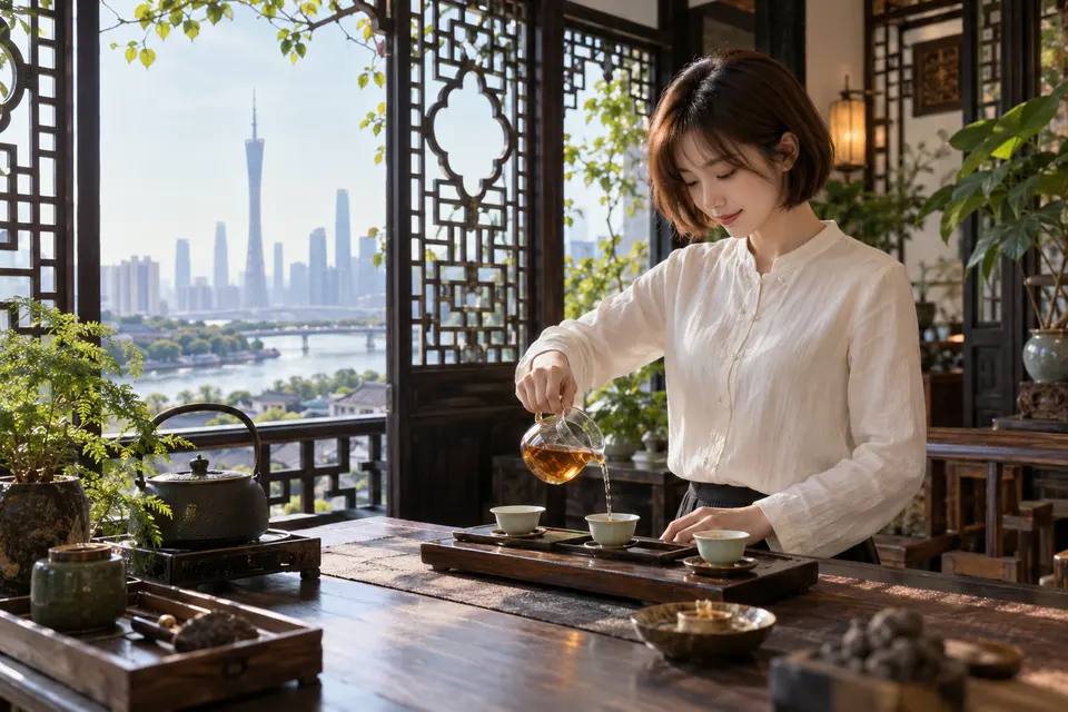 岭南花窗旁的冲泡空间，公道杯中盛着茶汤，茶席陈设简洁
