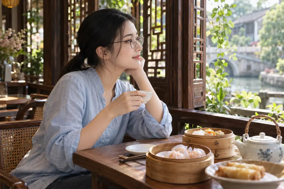 广州茶席上的白瓷茶具与茶点，适合边品饮边交流